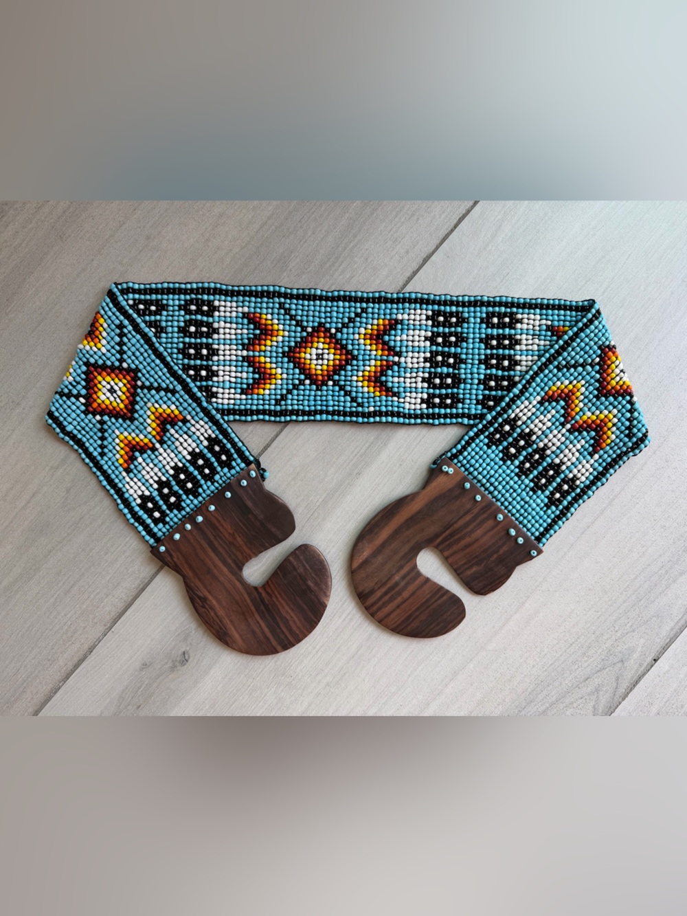 Native American Beaded Belt With Wooden Buckle